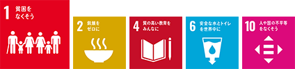 SDGs　1貧困をなくそう　2飢餓をゼロに　4質の高い教育をみんなに　6安全な水とトイレを世界中に　10人や国の不平等をなくそう