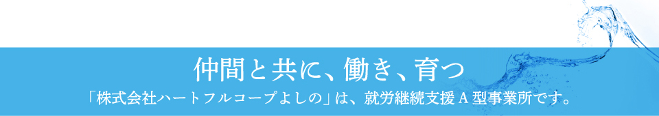 仲間と共に、働き、育つ 「株式会社ハートフルコープよしの」は、就労継続支援A型事業所です。