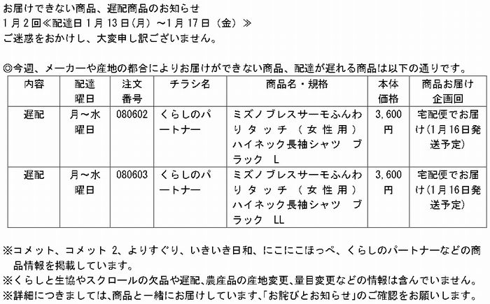 共同購入：【1月2回】お届けできない商品、遅配商品のお知らせ
