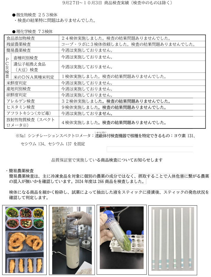 商品検査実績（9月27日～10月3日）