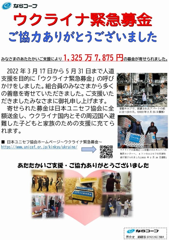 ウクライナ緊急募金へのご協力ありがとうございました（7月20日更新）