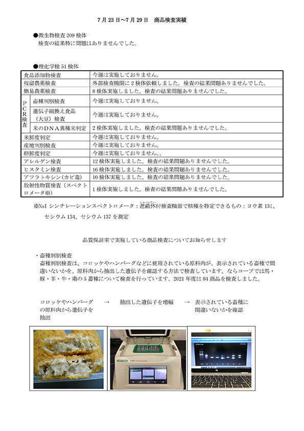 （7月23日～7月29日）商品検査実績