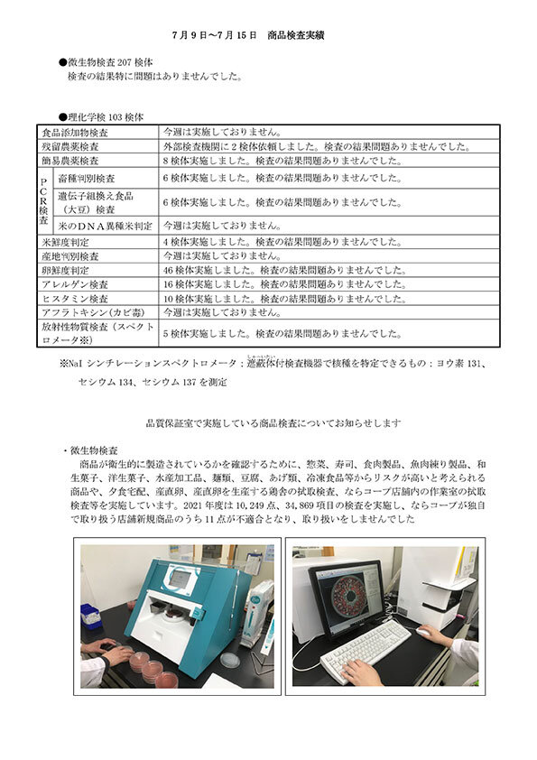 （7月9日～7月15日）商品検査実績