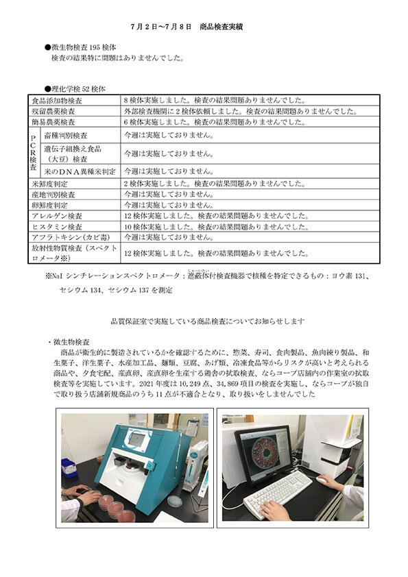 （7月2日～7月8日）商品検査実績