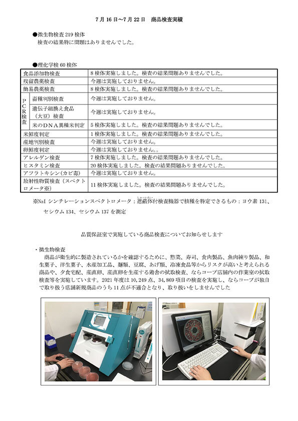 （7月16日～7月22日）商品検査実績