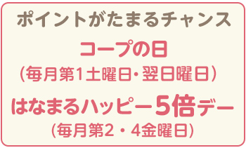 毎月第１土日はポイント５倍のポイントがたまるチャンスです。